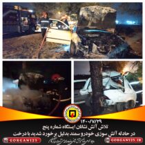 سازمان آتش نشانی و خدمات ایمنی شهرداری گرگان : برخورد خودروی سمند با درخت و آتش سوزی آن