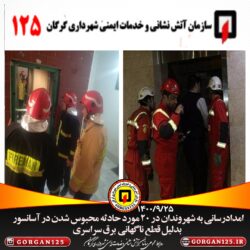امداد رسانی آتش نشانان در حادثه 20 مورد محبوسی شهروندان در آسانسور بدلیل قطع ناگهانی برق سراسری