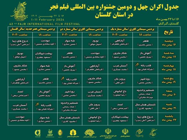 انتشار جدول اکران سینماهای مردمی جشنواره چهل و دوم فیلم‌فجر در گلستان