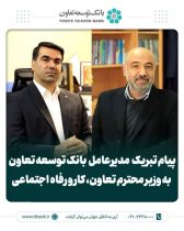 پیام تبریک مدیرعامل بانک توسعه تعاون به وزیر محترم تعاون، کار و رفاه اجتماعی