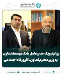 پیام تبریک مدیرعامل بانک توسعه تعاون به وزیر محترم تعاون، کار و رفاه اجتماعی
